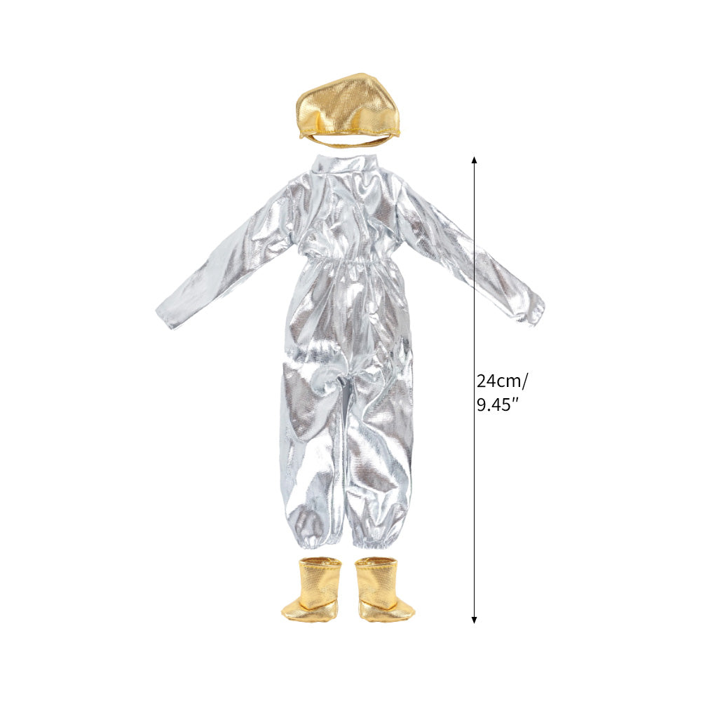 Christmas moon explorer elf costume set with silver astronaut outfit, accessories, and message card