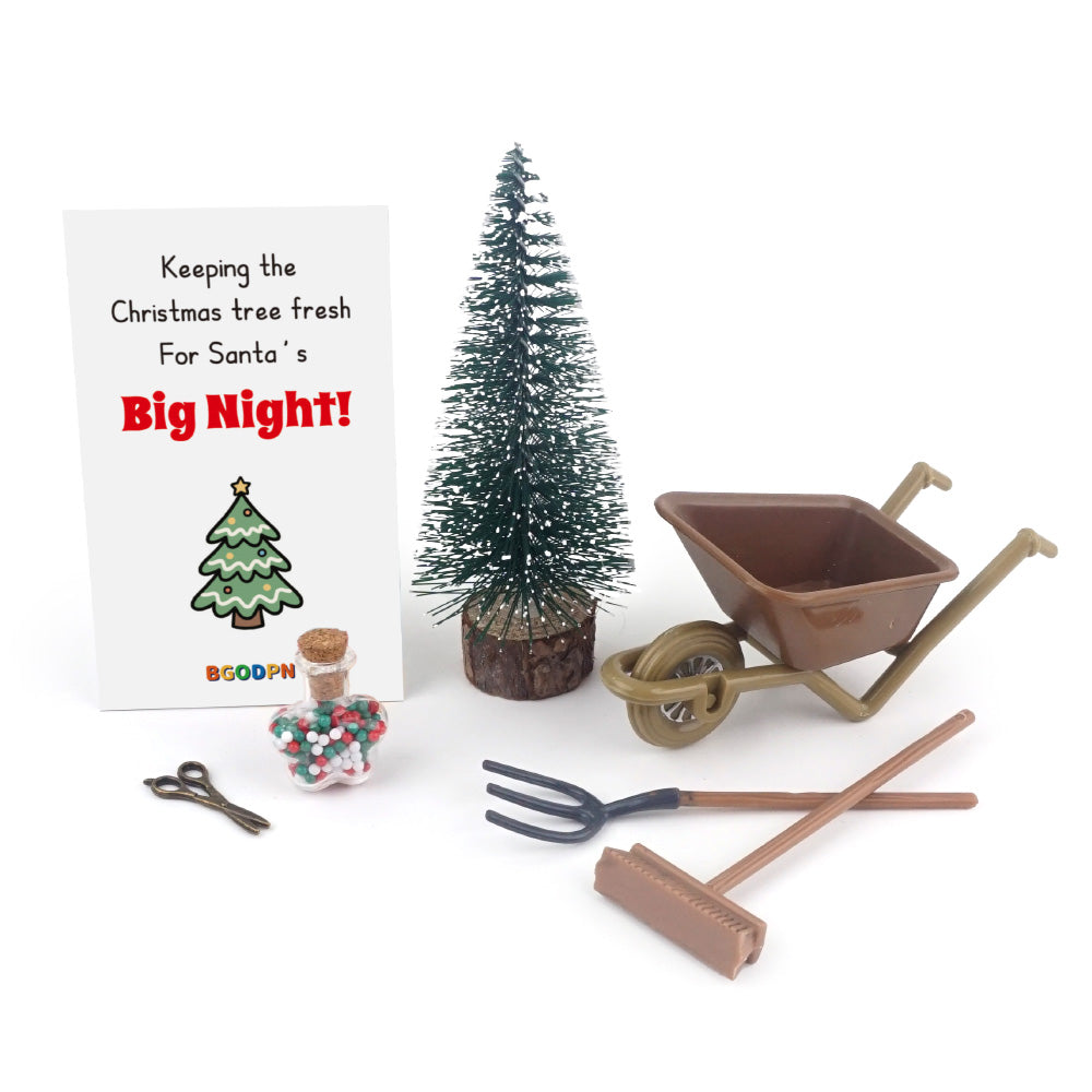 Christmas elf prop set with mini tree, wheelbarrow, tools, star jar, and activity cards for holiday elf display