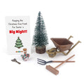 Christmas elf prop set with mini tree, wheelbarrow, tools, star jar, and activity cards for holiday elf display