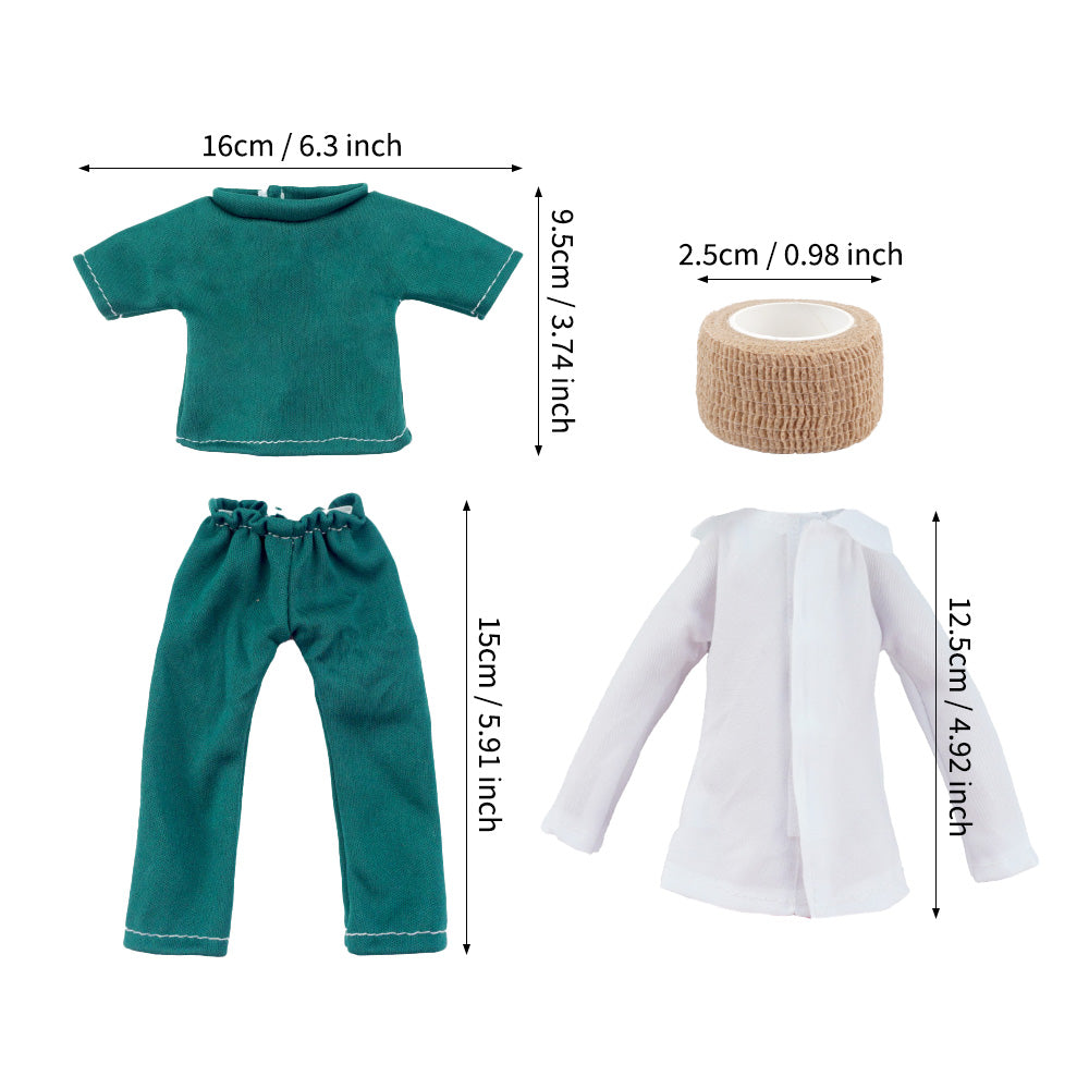 Christmas elf prop set with green outfit, white coat, bandage roll, and cards for a holiday elf display.
