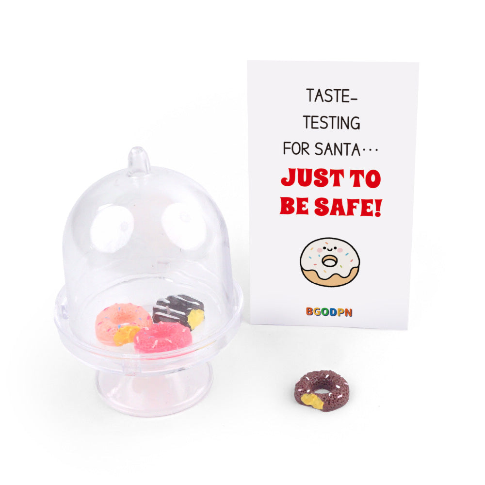 Christmas elf prop set with mini cake dome, 4 donuts, and activity card for holiday elf scene display