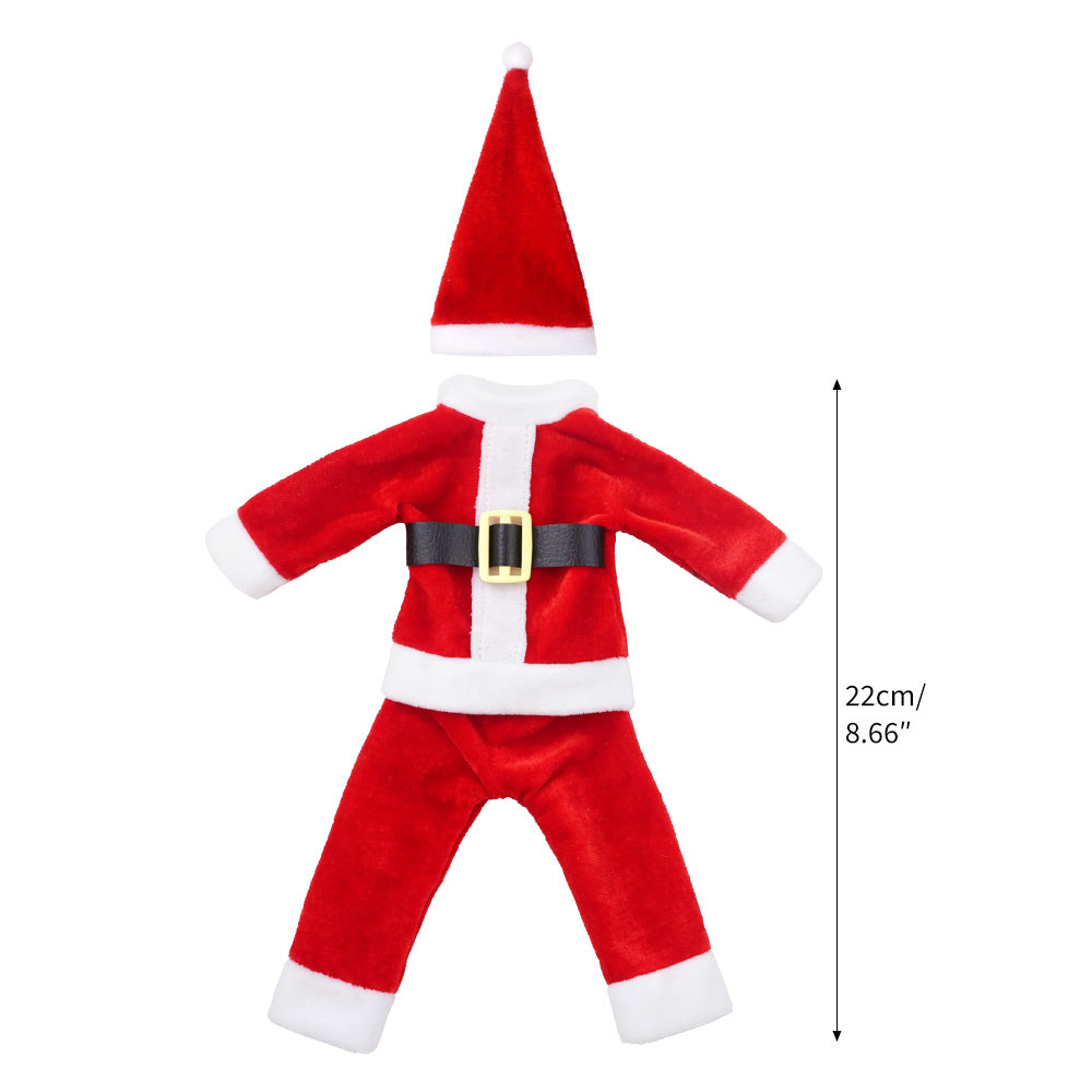 Christmas elf prop set with red Santa suit, matching pants, dress, belts, and two festive hats.