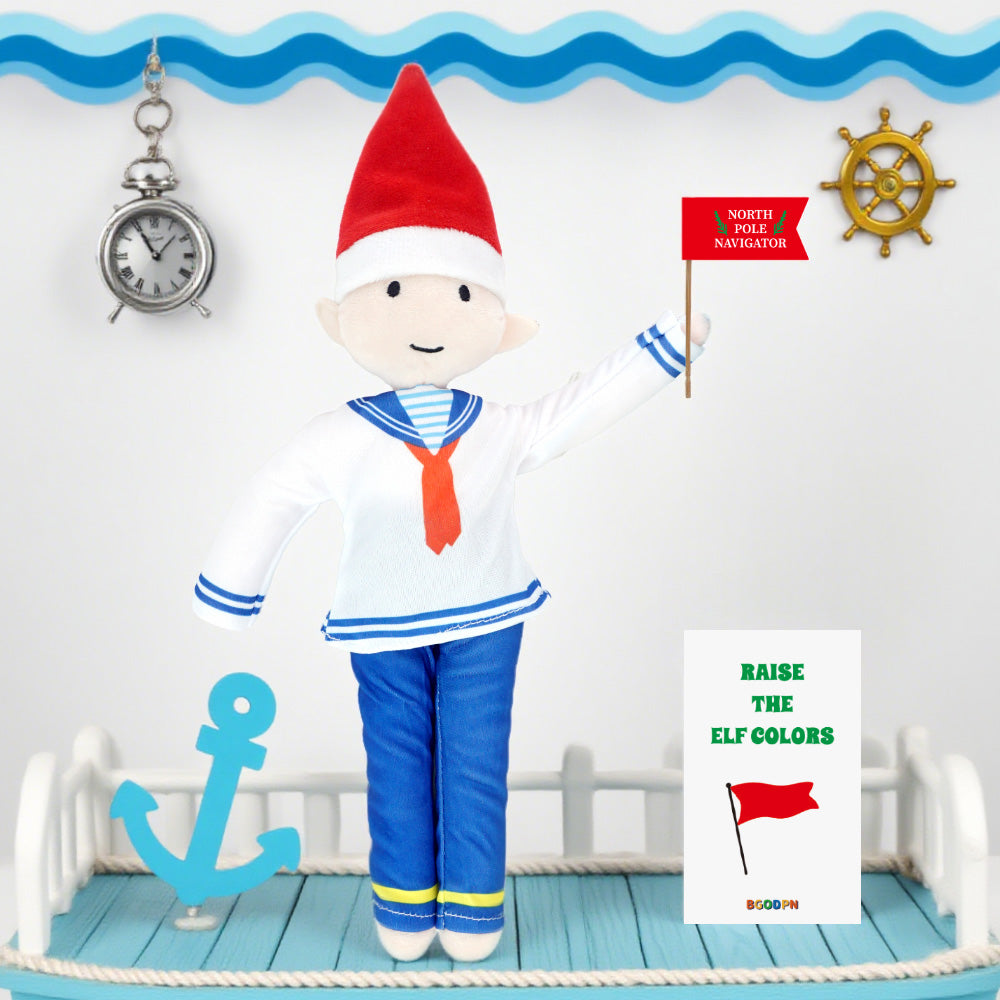 Christmas elf prop set with sailor shirt, blue pants, red flag, card, and anchor for a holiday elf display.