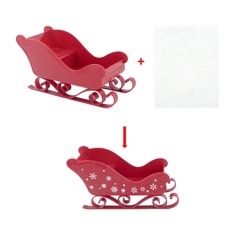 Christmas elf prop set with red sleigh, gift bag, mini gift boxes, snowflake stickers, and activity card for holiday elf scene display