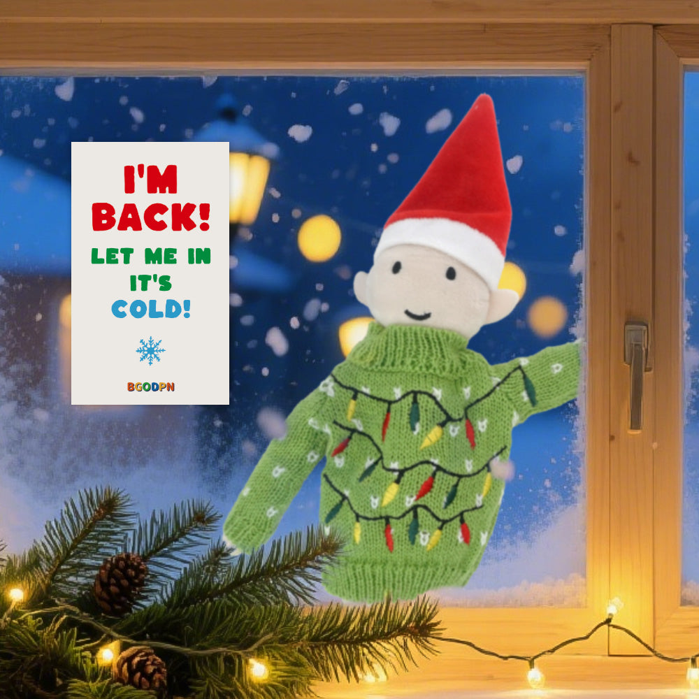 Christmas elf sweater prop set with green winter sweater and activity card for holiday elf scene display