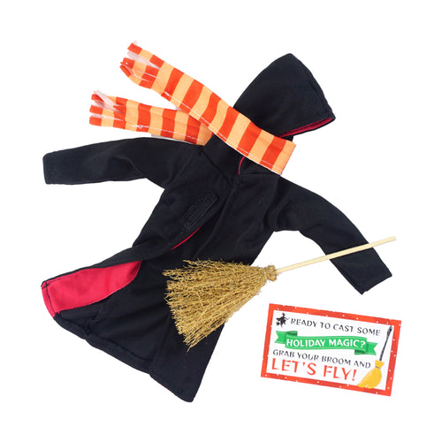 Christmas elf prop set with hooded robe, striped scarf, mini broom, and card for a holiday elf display.