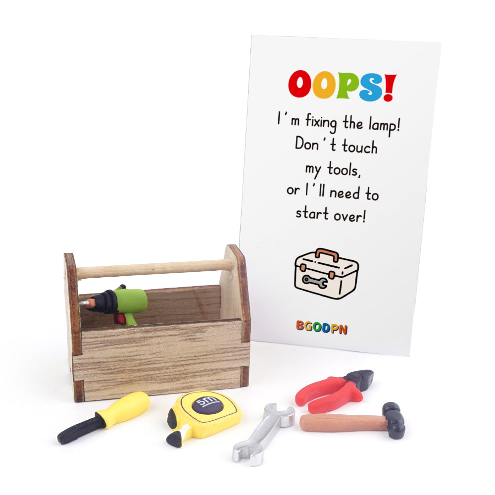 Christmas elf prop set with wooden tool box, mini tools, and activity card for holiday elf display