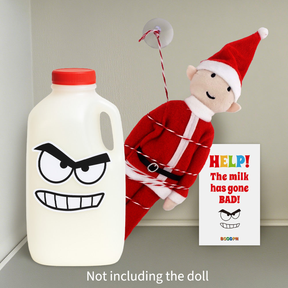 Christmas elf prop set with milk bottle sticker, suction cup string, and activity card for holiday elf scene display