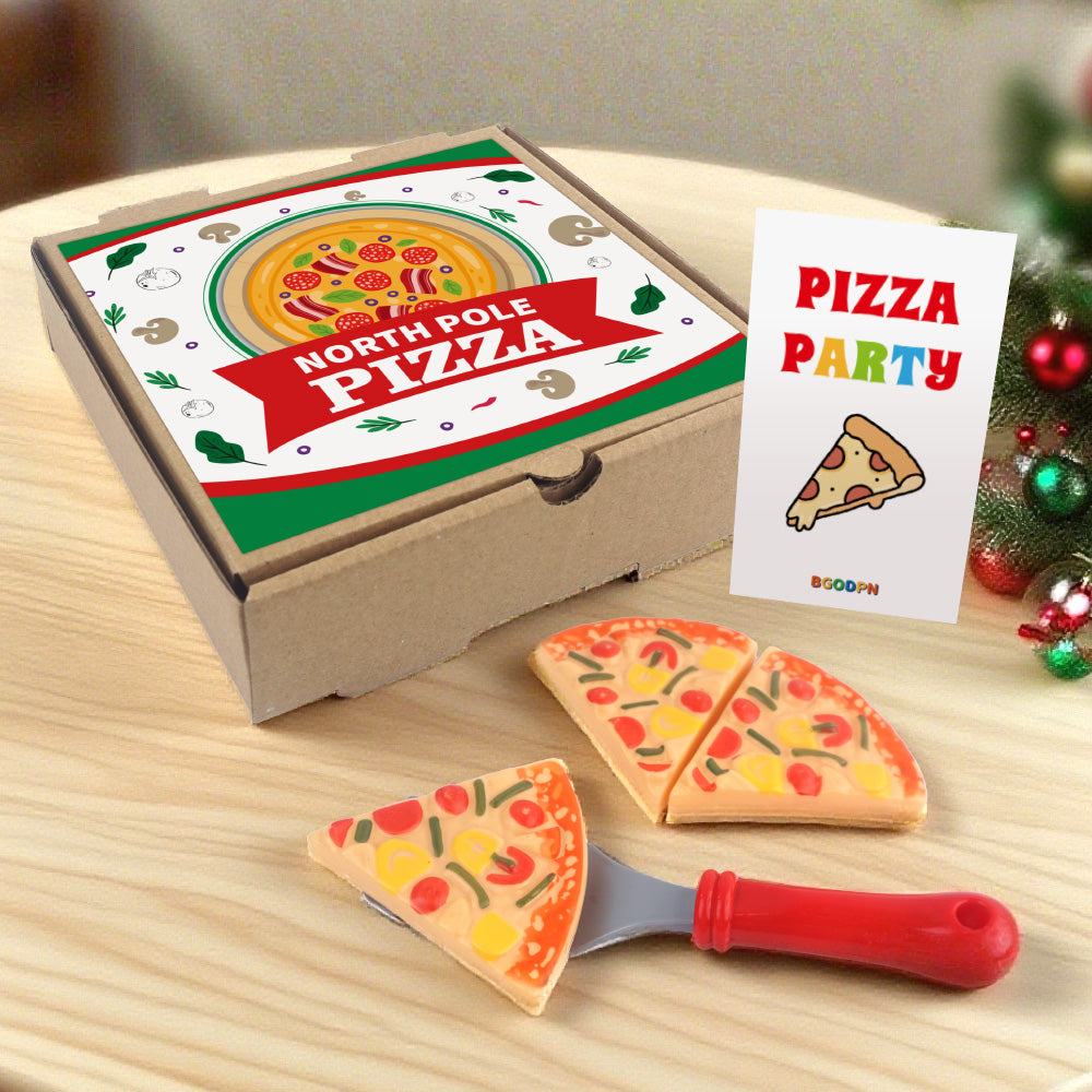 Christmas elf prop set with pizza box, pizza slices, pizza cutter, spatula, and activity card for holiday elf scene display