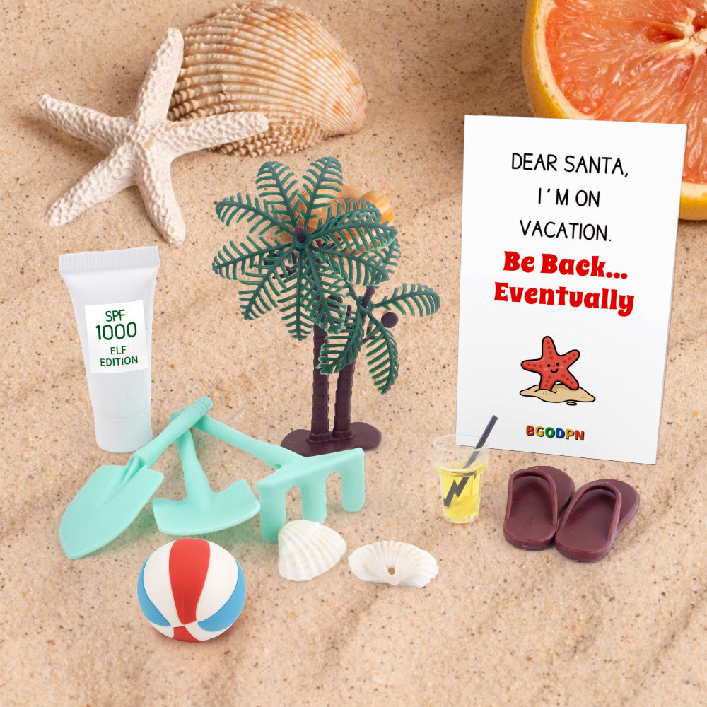 Christmas elf prop set with beach ball, mini tools, flip flops, palm tree, and activity cards for holiday elf scene display