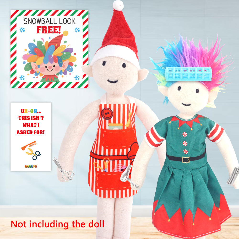 Christmas elf prop set with barber apron, colorful wig, hair roller, salon tools, and activity cards