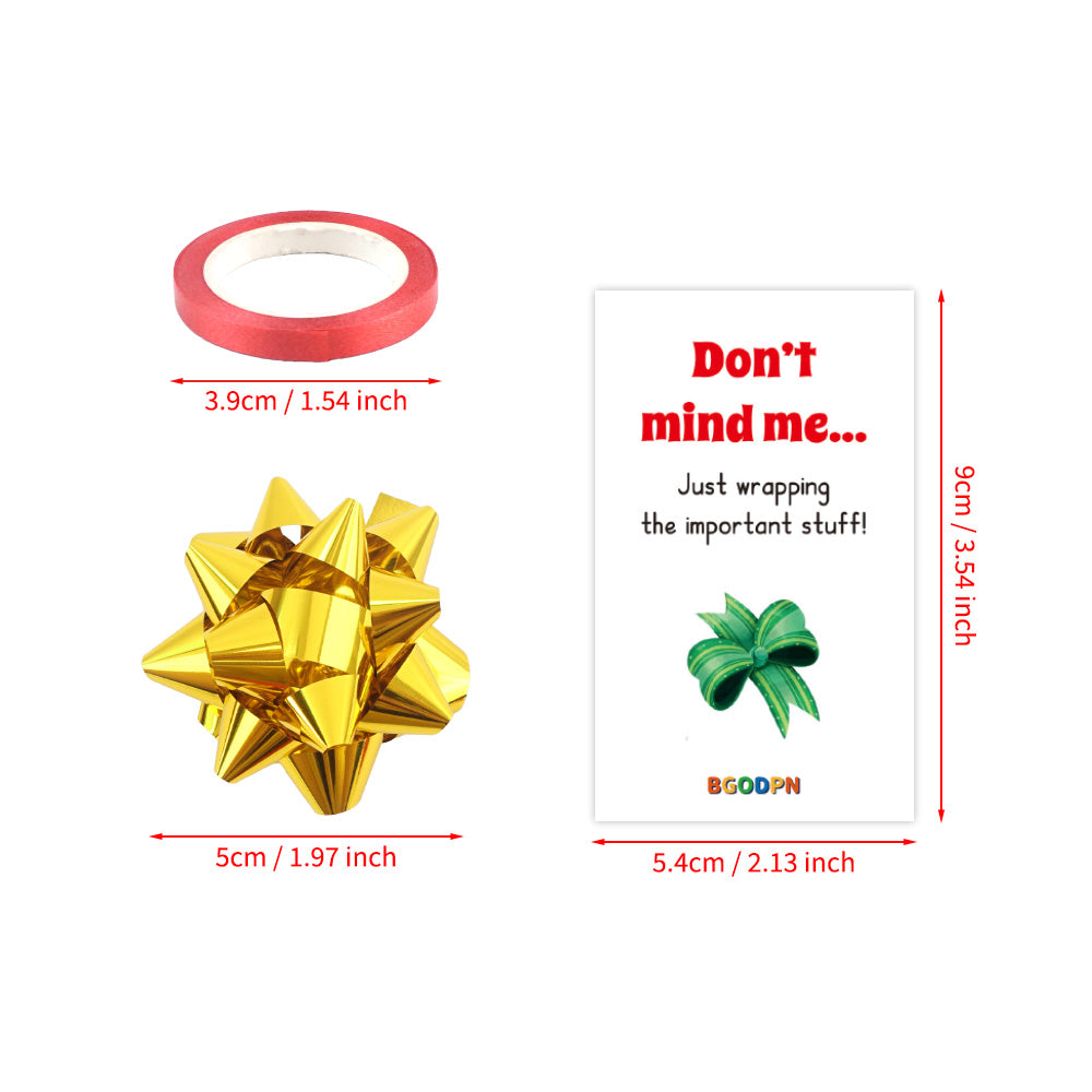 Christmas elf prop set with gold gift bow, red tape roll, and activity card for holiday elf scene display