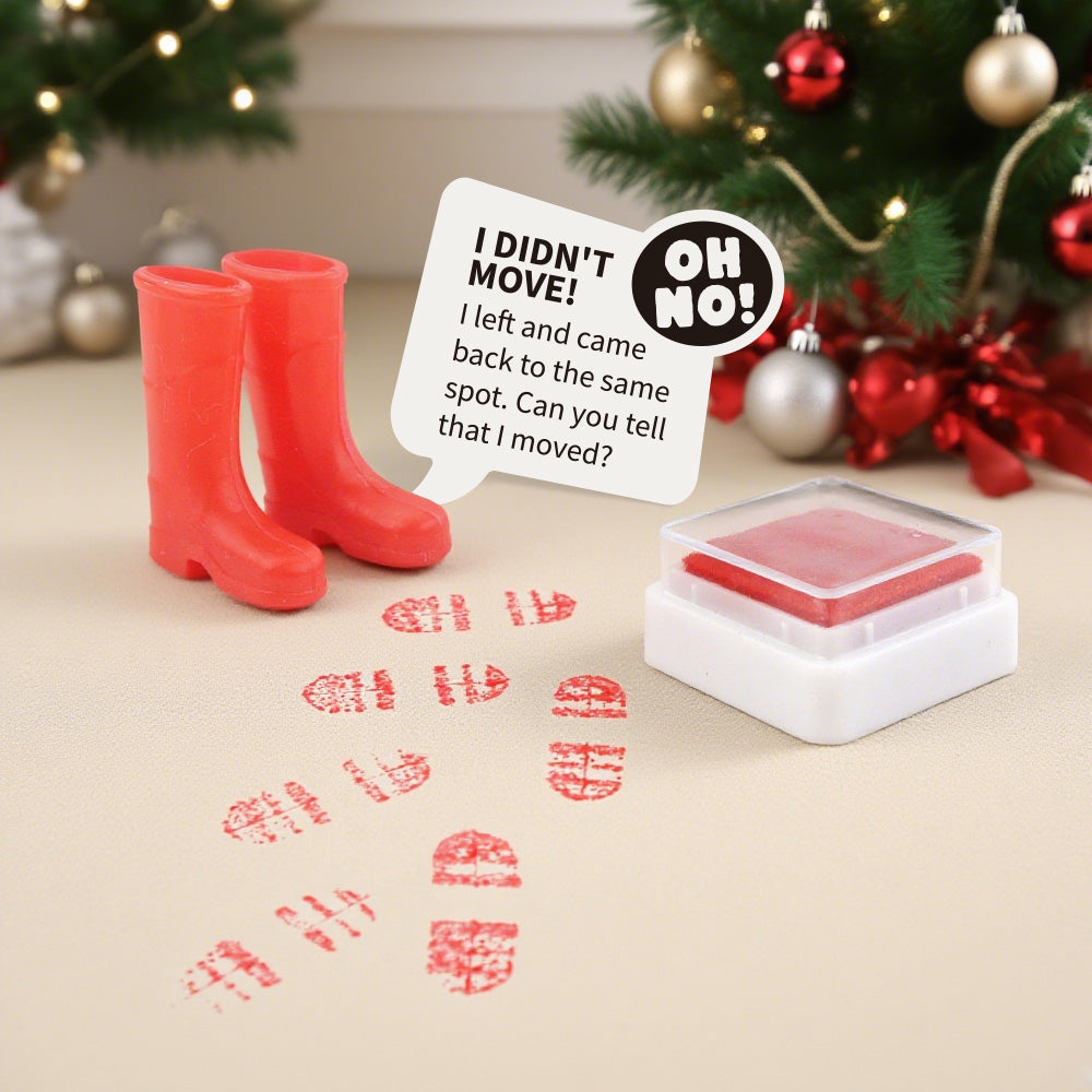 Christmas elf prop ink pad with elf boots and footprint activity card for a holiday elf scene display