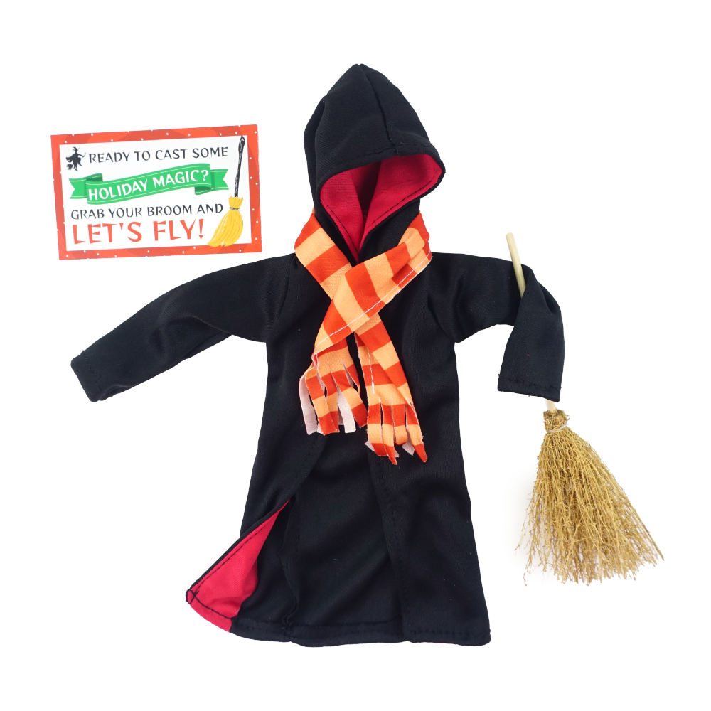 Christmas elf prop set with hooded robe, striped scarf, mini broom, and card for a holiday elf display.