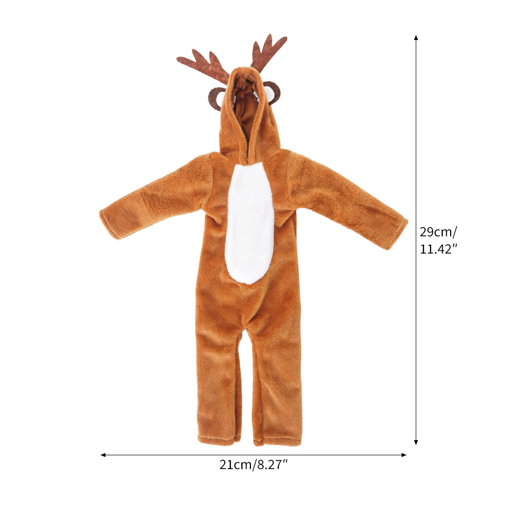 Christmas elf prop set with a brown reindeer jumpsuit, antler hood, and polka-dot holiday dress.