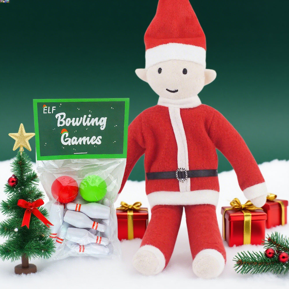 Bowling Games Set - Holiday Elf Props with Two Mini Balls and Ten Bowling Pins
