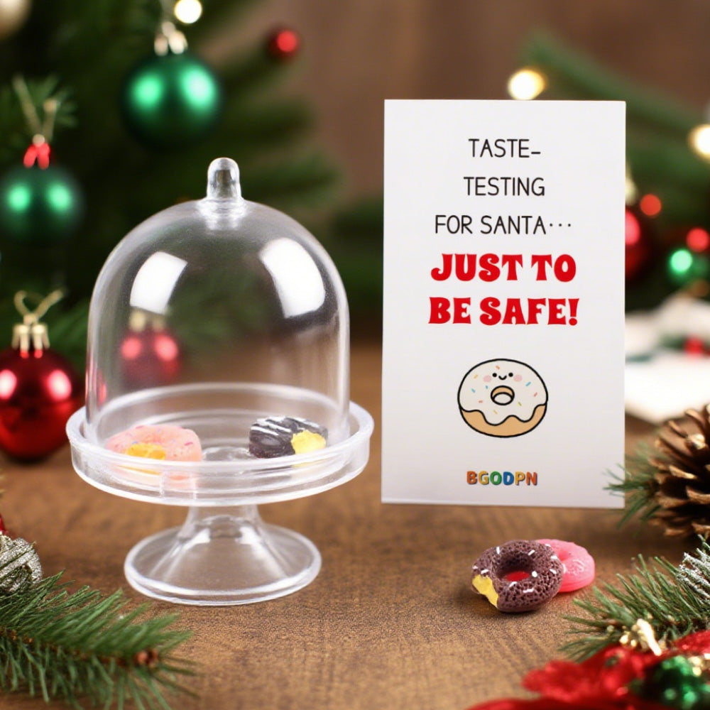 Christmas elf prop set with mini cake dome, 4 donuts, and activity card for holiday elf scene display