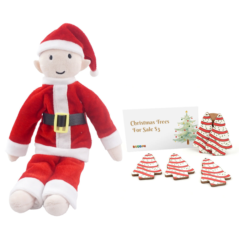 Christmas tree farm elf prop set with miniature Christmas trees and tree farm sign