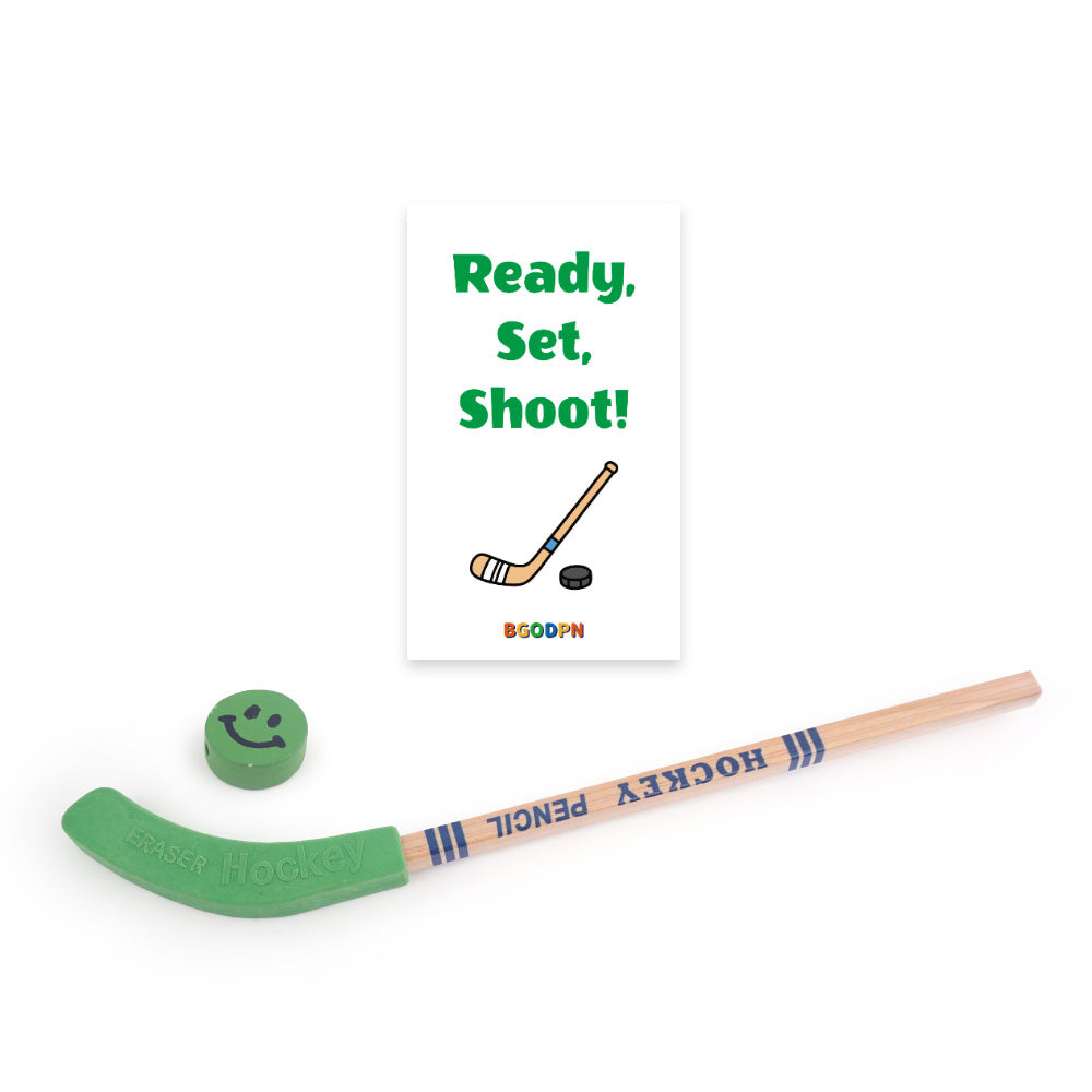 Christmas elf prop set with hockey stick pencil, puck eraser, and activity card for holiday elf scene display