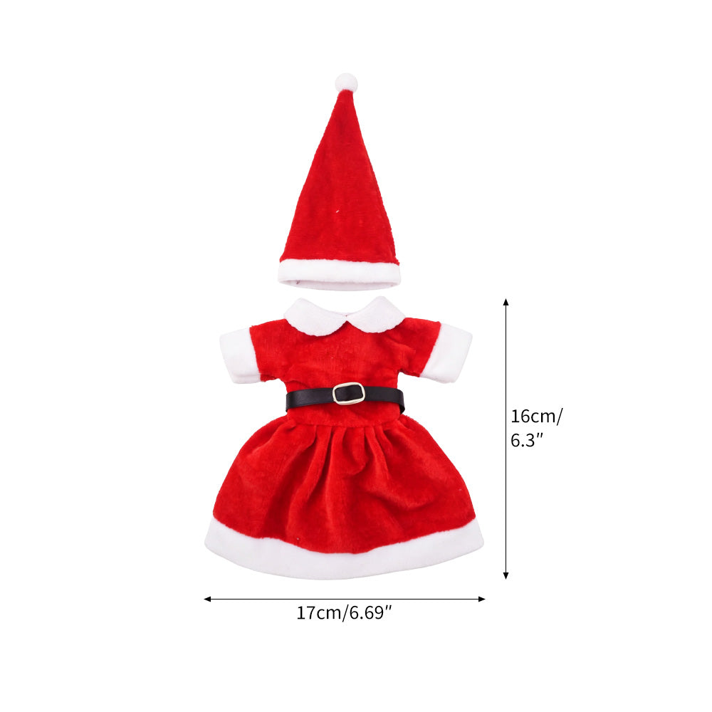 Christmas elf prop set with red Santa suit, matching pants, dress, belts, and two festive hats.