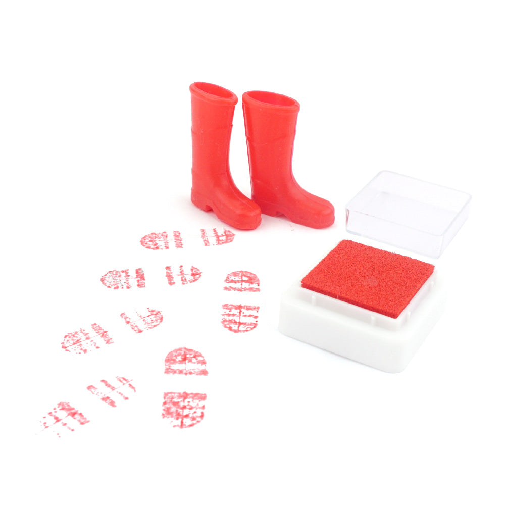 Christmas elf prop ink pad with elf boots and footprint activity card for a holiday elf scene display
