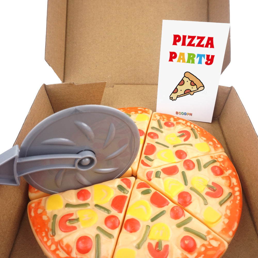 Christmas elf prop set with pizza box, pizza slices, pizza cutter, spatula, and activity card for holiday elf scene display