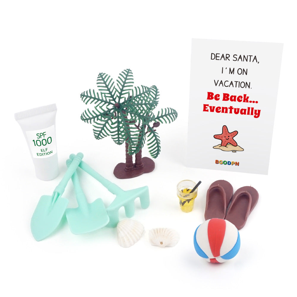 Christmas elf prop set with beach ball, mini tools, flip flops, palm tree, and activity cards for holiday elf scene display