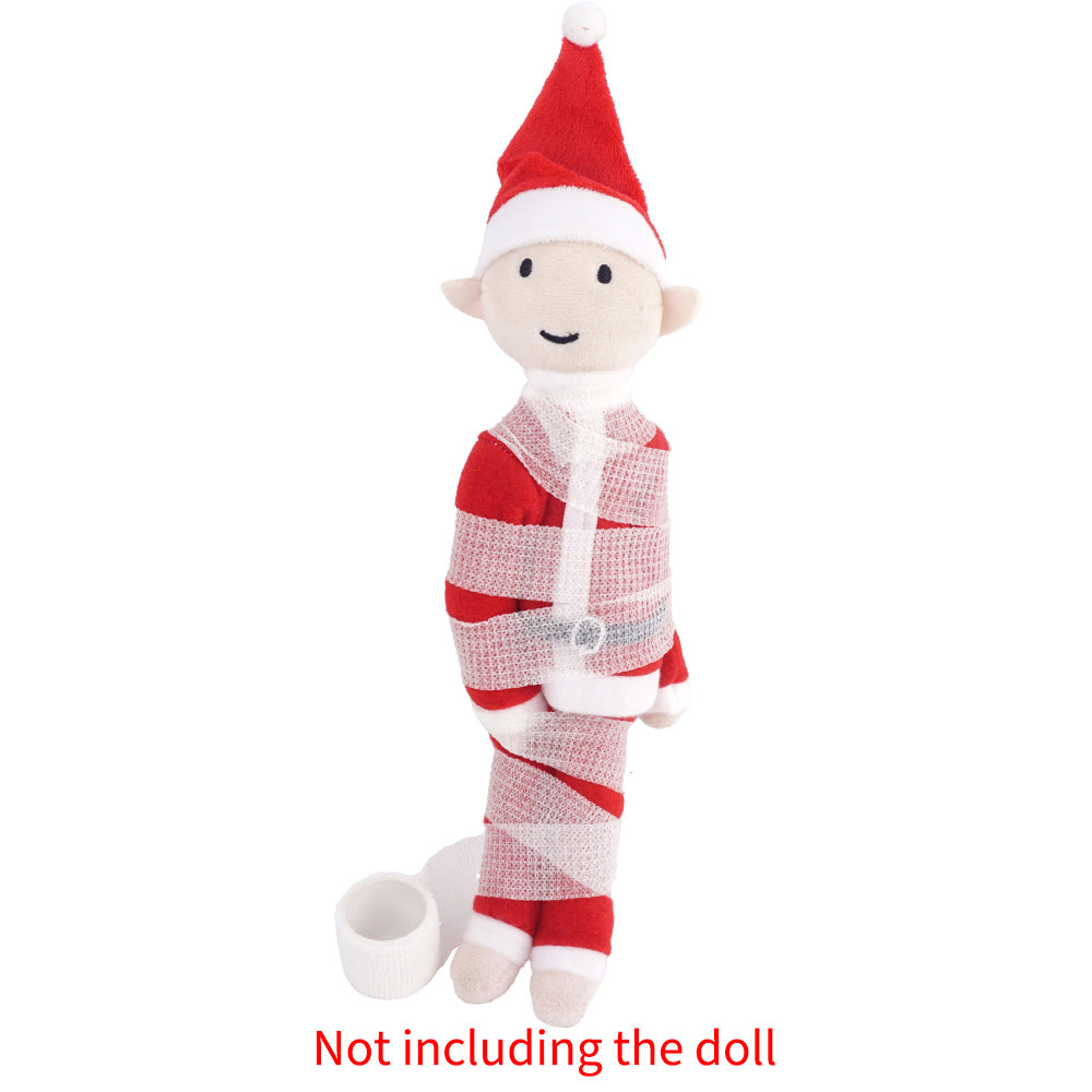 Christmas elf prop set with white wrap roll and activity card for a holiday elf scene display
