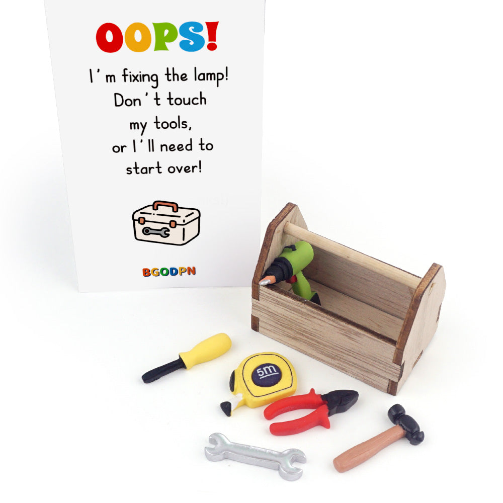 Christmas elf prop set with wooden tool box, mini tools, and activity card for holiday elf display