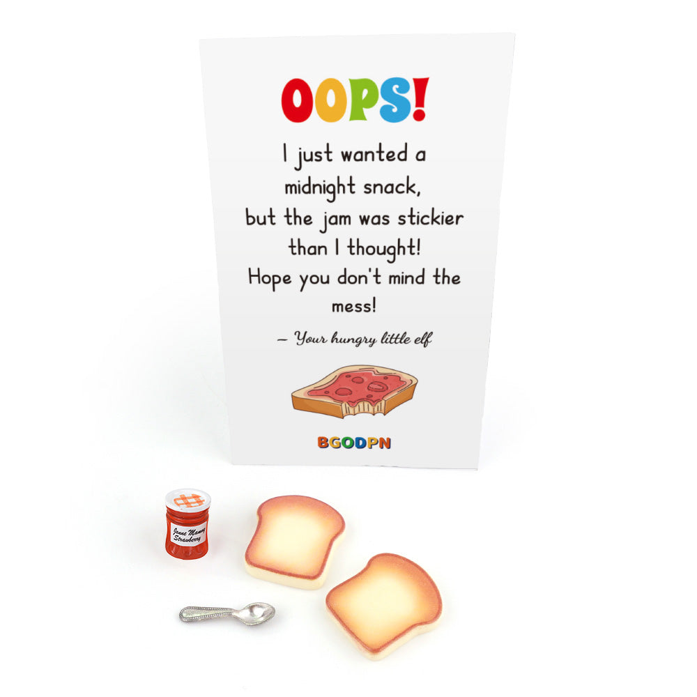 Christmas elf prop set with toast pieces, mini jam jar, spoon, and midnight snack activity card.