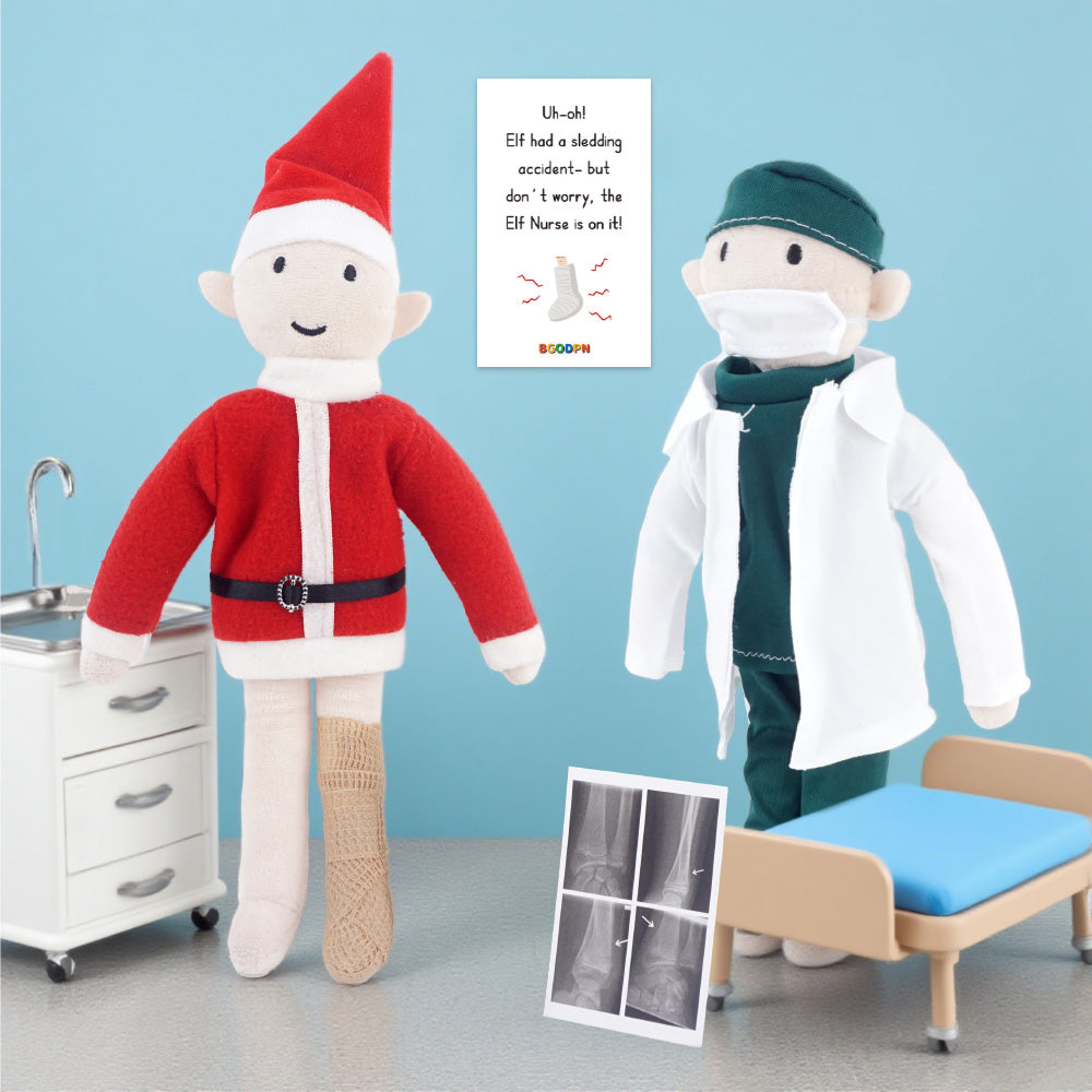 Christmas elf prop set with green outfit, white coat, bandage roll, and cards for a holiday elf display.