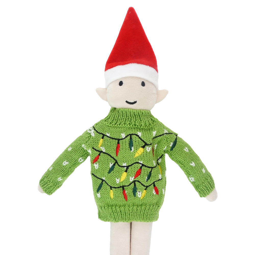 Christmas elf sweater prop set with green winter sweater and activity card for holiday elf scene display
