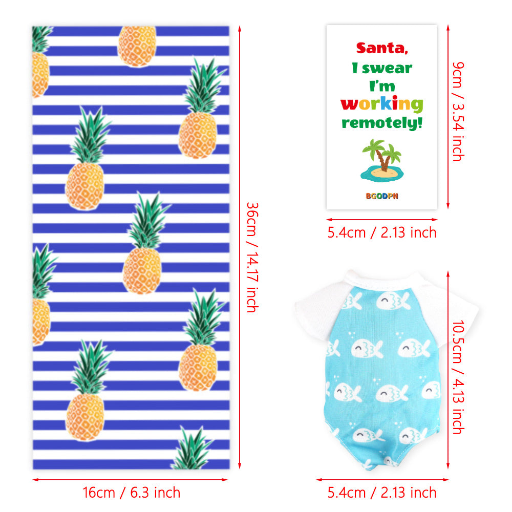 Christmas elf beach scene prop set with laptop, suitcase, swimsuit, towel and activity card