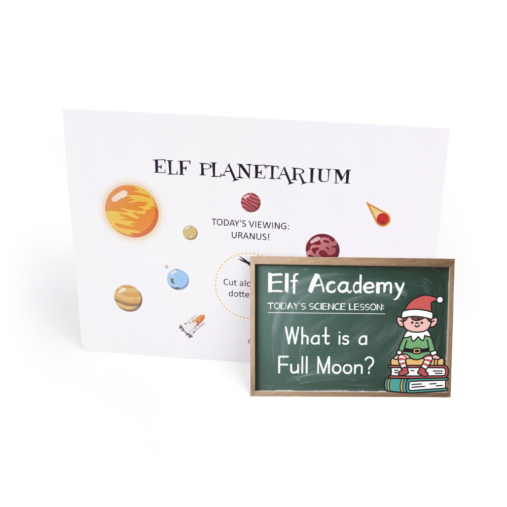 Christmas elf prop set with planetarium poster and full moon lesson card for holiday elf scene display