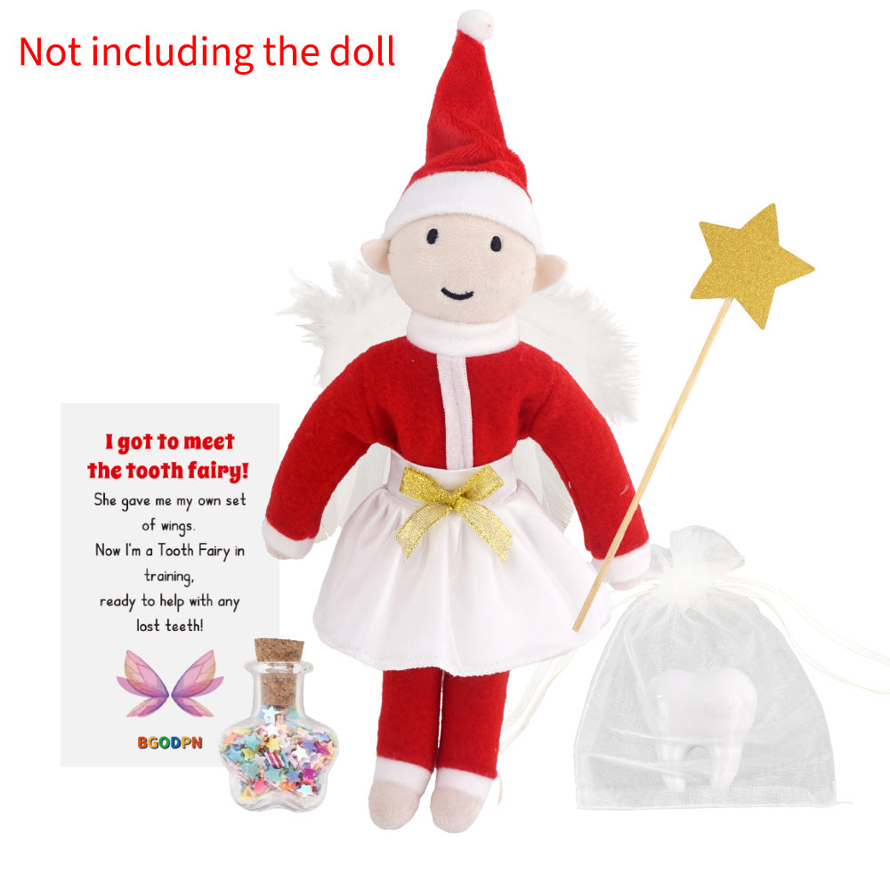 Christmas elf prop set with wings, skirt, star wand, tooth prop, star jar, and activity card for holiday elf scene display