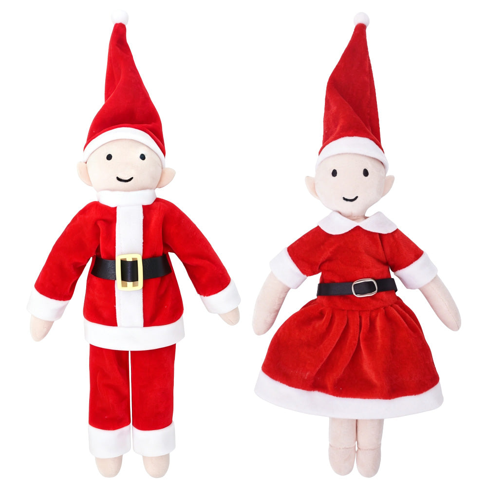 Christmas elf prop set with red Santa suit, matching pants, dress, belts, and two festive hats.