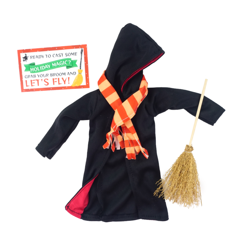 Christmas elf prop set with hooded robe, striped scarf, mini broom, and card for a holiday elf display.