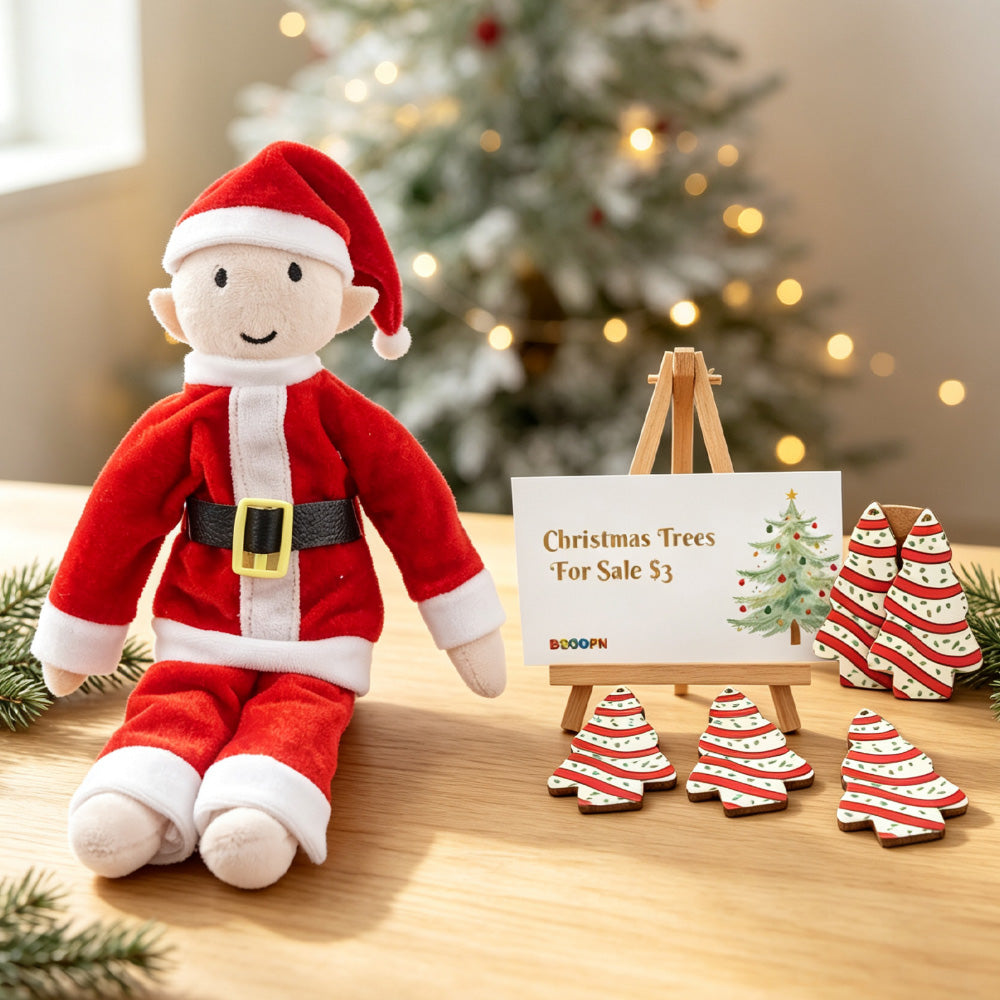 Christmas tree farm elf prop set with miniature Christmas trees and tree farm sign