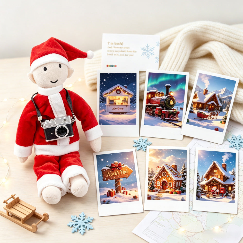 Christmas North Pole photo camera elf prop set with mini camera and winter photo cards