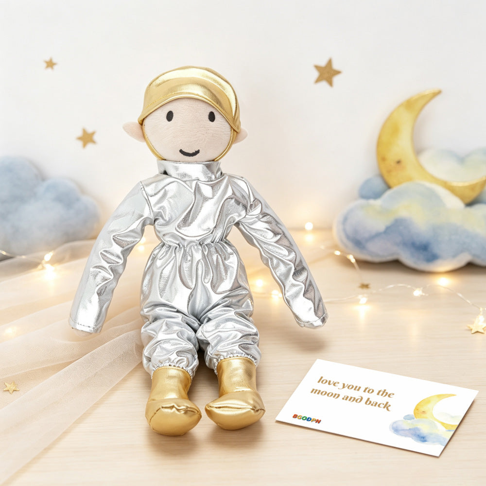 Christmas moon explorer elf costume set with silver astronaut outfit, accessories, and message card
