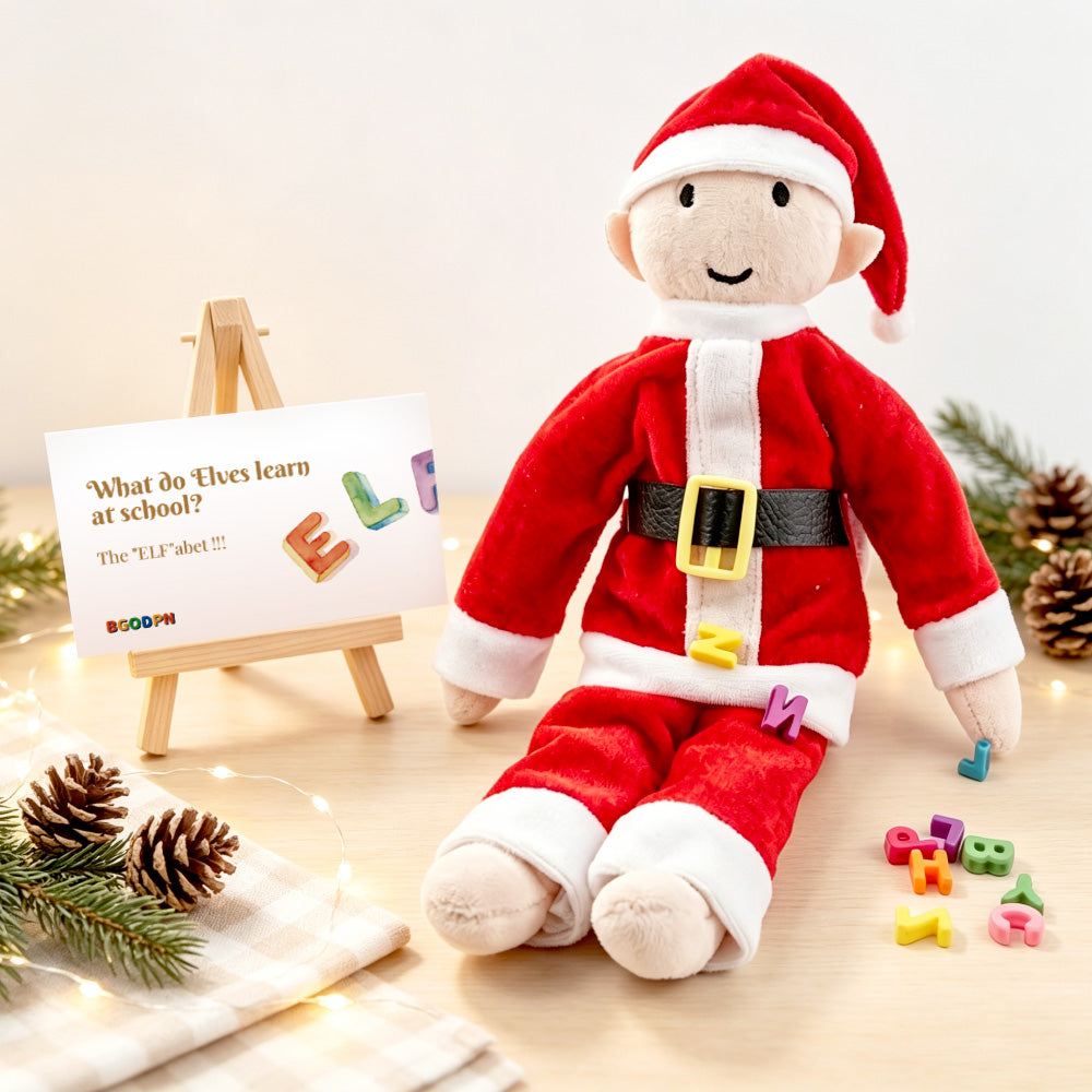 Christmas elf alphabet learning prop set with colorful letters, mini easel, and holiday activity card
