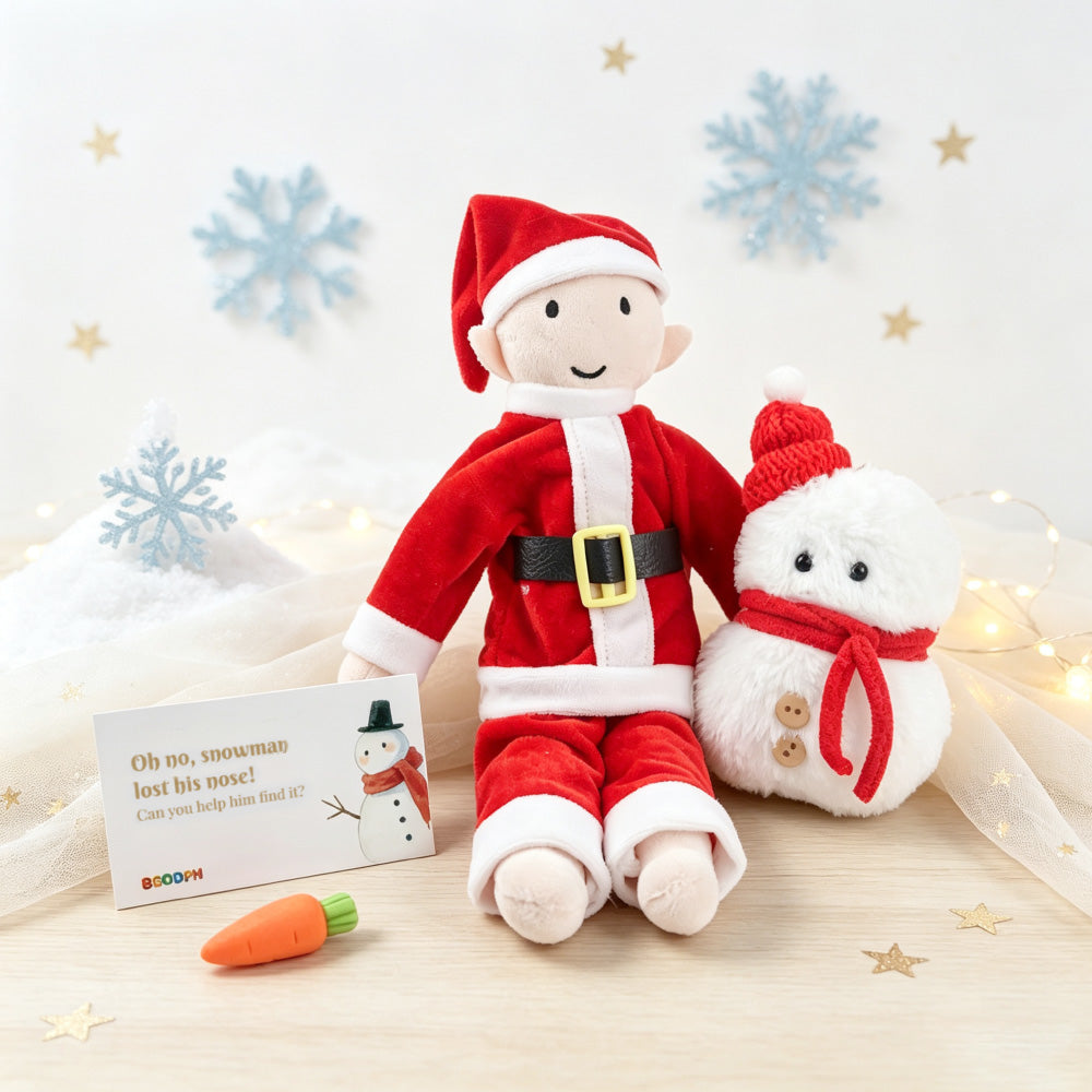 Christmas snowman nose hunt elf prop set with snowman, carrot nose, and holiday activity card