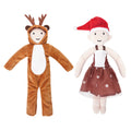 Christmas elf prop set with a brown reindeer jumpsuit, antler hood, and polka-dot holiday dress.