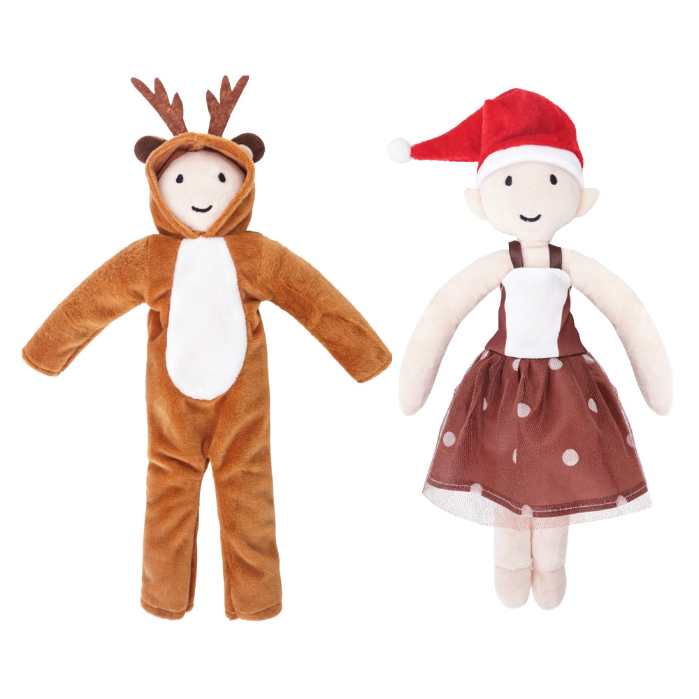 Christmas elf prop set with a brown reindeer jumpsuit, antler hood, and polka-dot holiday dress.