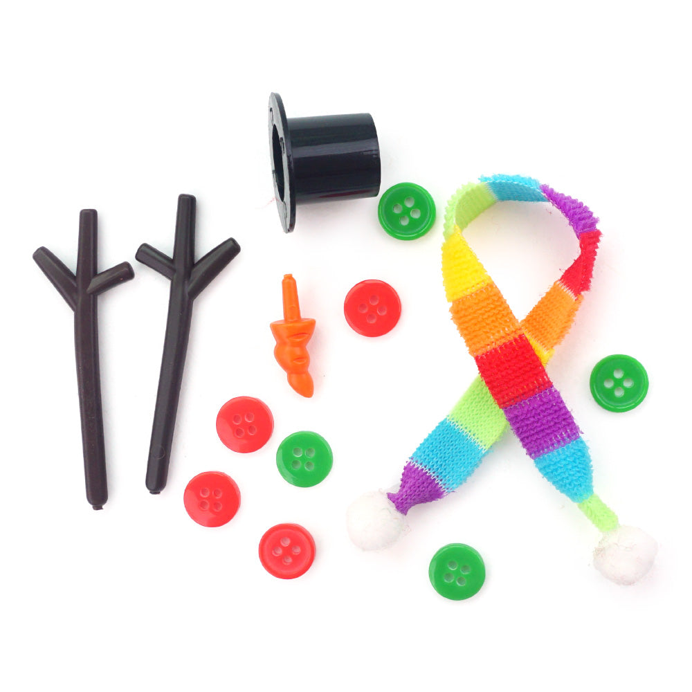Christmas elf prop set with snowman hat, scarf, stick arms, carrot nose, buttons, and card for a holiday elf display.