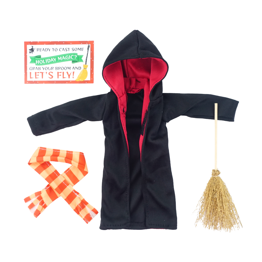 Christmas elf prop set with hooded robe, striped scarf, mini broom, and card for a holiday elf display.