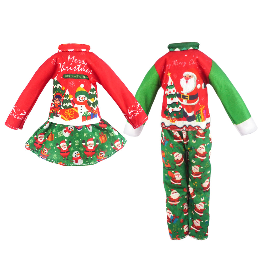 Christmas elf prop set with a Santa print pajama dress and matching red and green pajama set.