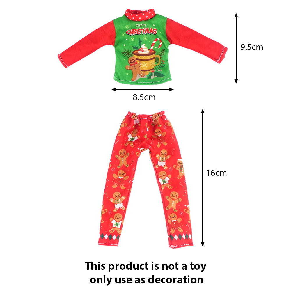 Christmas elf prop set with a Santa print pajama dress and matching red and green pajama set.