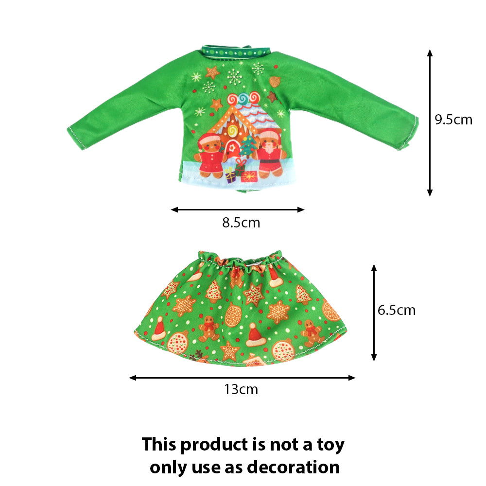 Christmas elf prop set with a Santa print pajama dress and matching red and green pajama set.