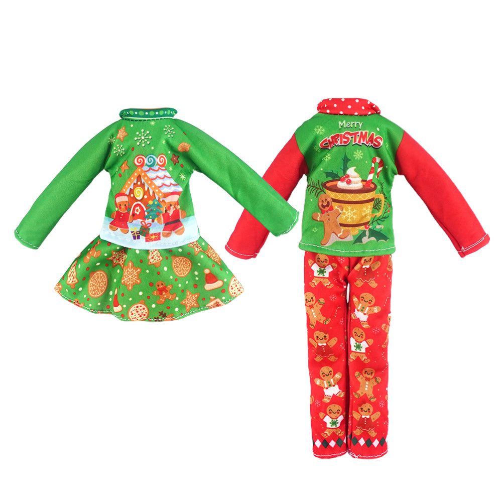Christmas elf prop set with a Santa print pajama dress and matching red and green pajama set.